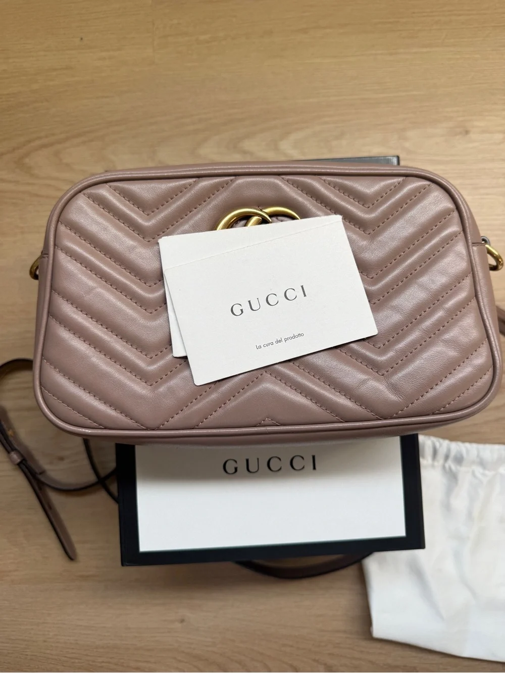 Gucci Quilted Leather GG Marmont Crossbody in Taupe
